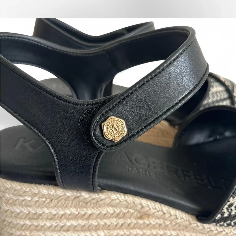 Karl Lagerfeld Paris Espadrille Platform Wedge Sandals Black Cream Sz 10